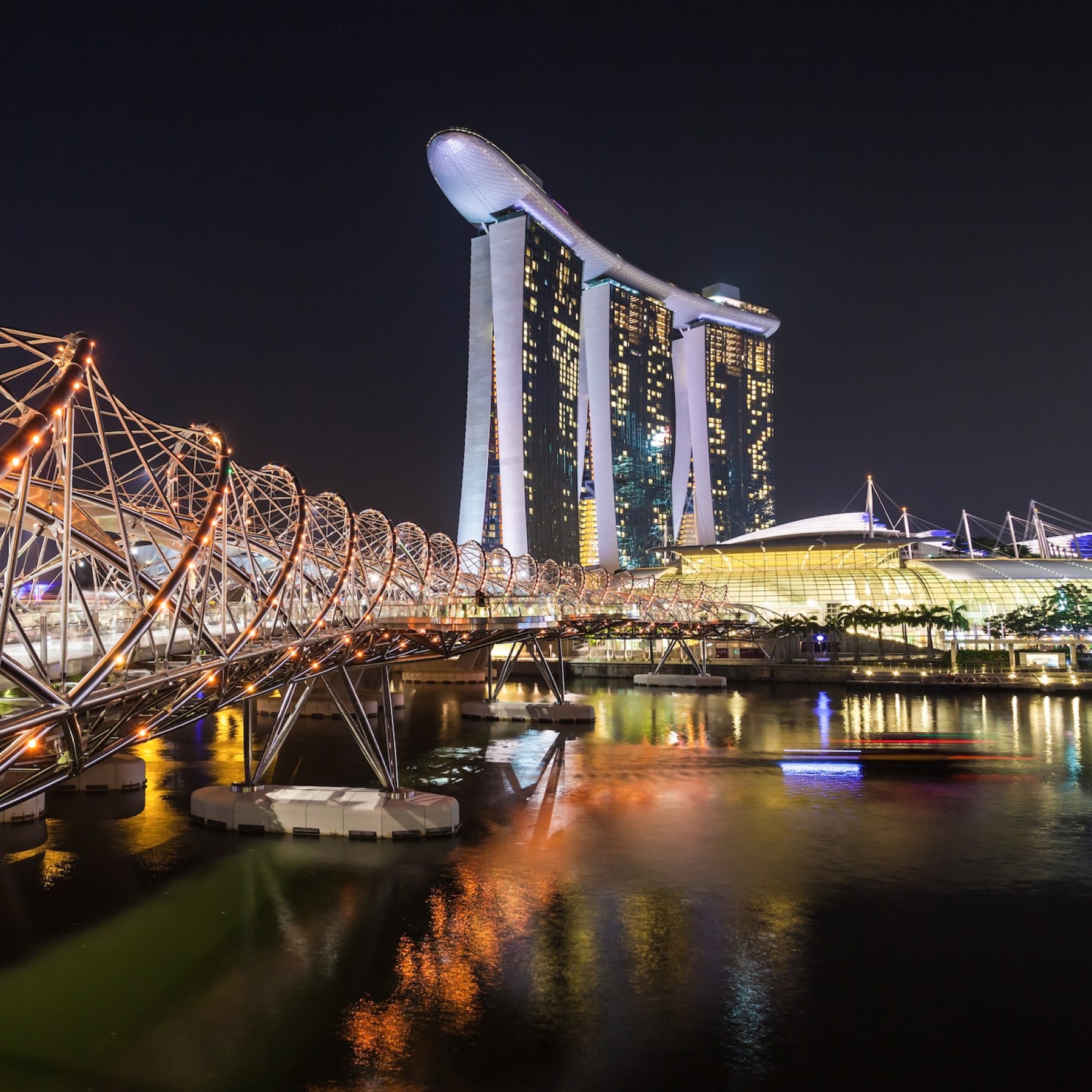 The Helix Bridge and Marina Bay Sands at night